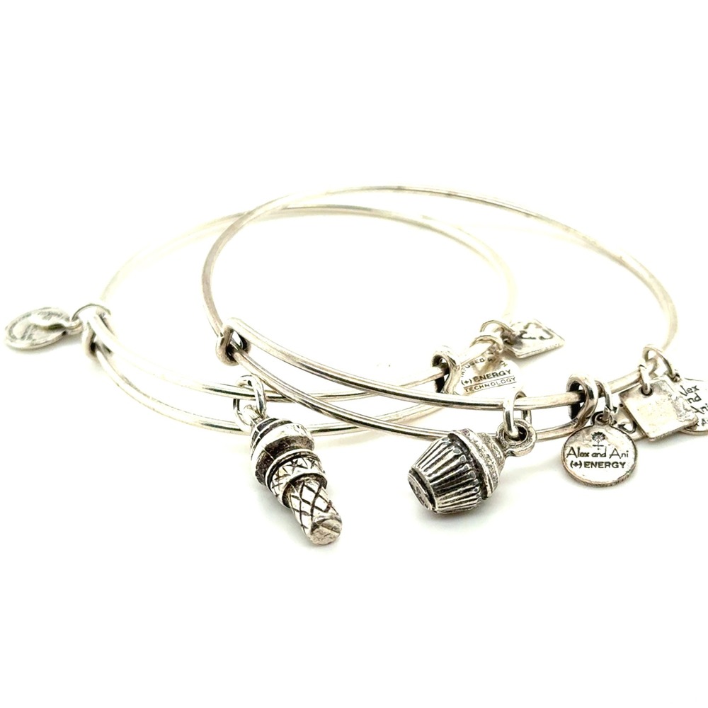 Alex and Ani Cupcake & Ice Cream Cone Bangle Bracelet Set Rafaelian Silver Tone